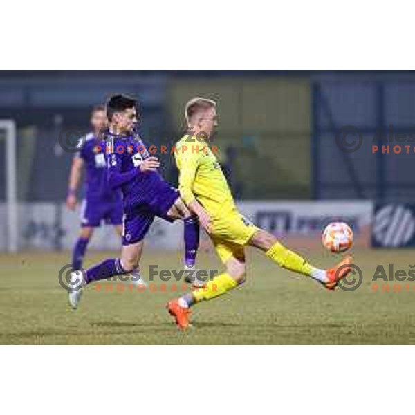 Gregor Sikosek of Maribor and Benjamin Markus of Domzale during Prva Liga Telemach 2022-2023 football match between Domzale and Maribor in Sportni park Domzale, Domzale, Slovenia on February 23, 2023