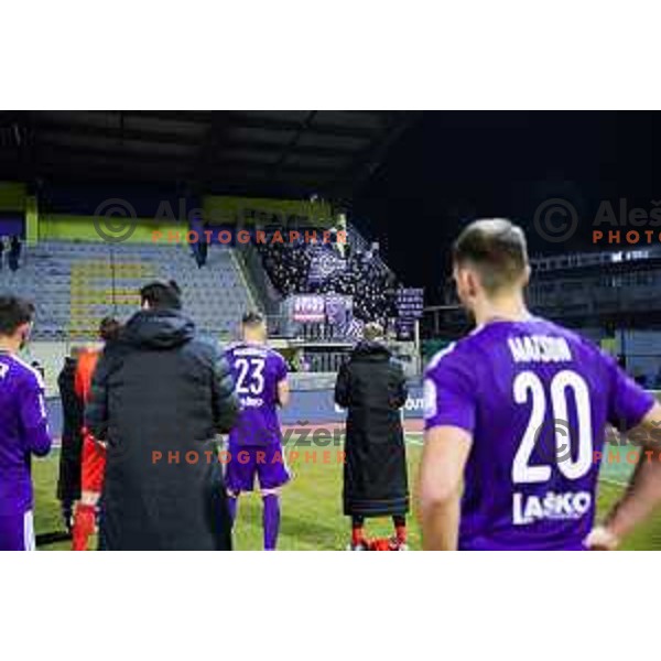 Players of Maribor greet the away fans after Prva Liga Telemach 2022-2023 football match between Domzale and Maribor in Sportni park Domzale, Domzale, Slovenia on February 23, 2023