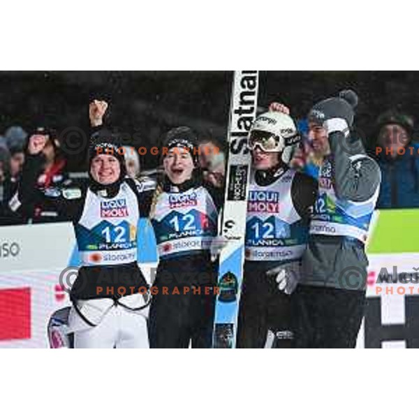 Ema Klinec, Nika Kriznar, Anze Lanisek and Timi Zajc celebrate bronze medal in Ski jumping Mix team competition at Normal Hill at Planica 2023 World Nordic Championships, Slovenia on February 26, 2023