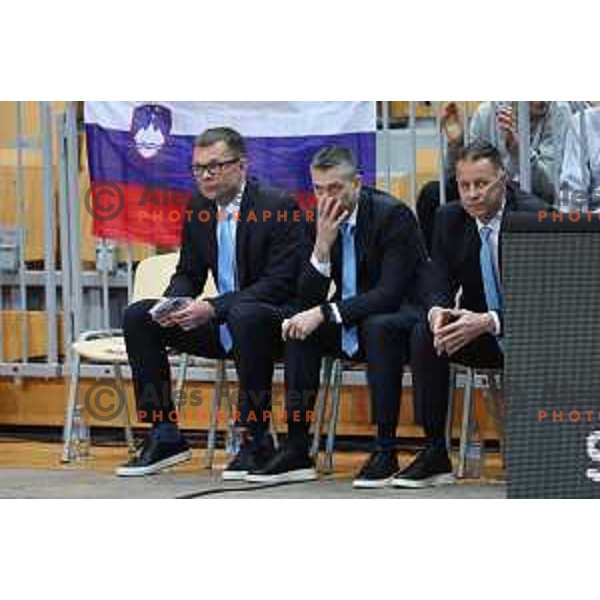 Dalibor Damjanovic, Dejan Mihevc and Luka Bassin during FIBA basketball World Cup 2023 European Qualifiers between Slovenia and Israel in Koper, Slovenia on February 27, 2023