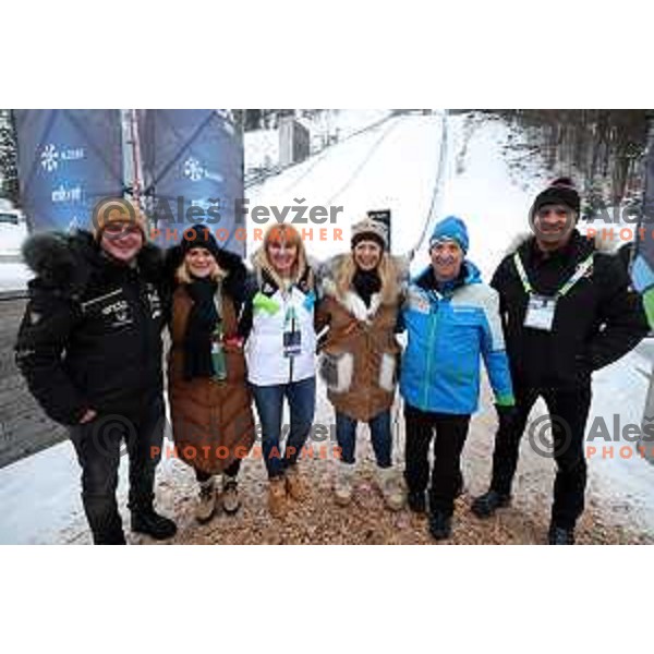 Slovenian Olympians Tim Mastnak, Alenka Dovzan, Katja Koren, Urska Hrovat, Janez Bukovnik and Marcel Rodman cheering at Ski jumping Women Large Hill at Planica 2023 World Nordic Championships, Slovenia on March 1, 2023
