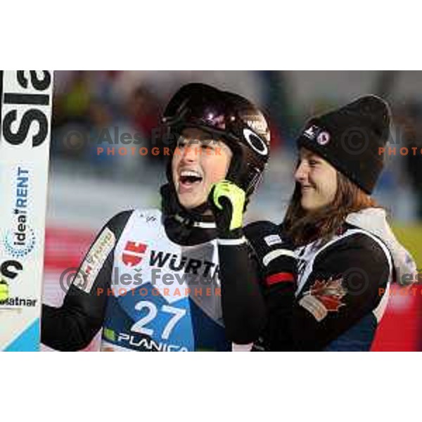 Alexandria Loutitt (CAN) celebrates victory and World Title at Ski jumping Women Large Hill at Planica 2023 World Nordic Championships, Slovenia on March 1, 2023