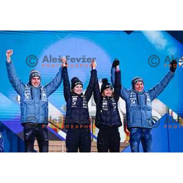 Time Zajc, Nika Kriznar, Ema Klinec and Anze Lanisek, winners of bronze medal at Ski jumping Mix Team Normal Hill at Planica 2023 World Nordic Championships, Slovenia on March1, 2023
