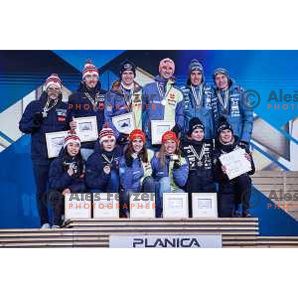 Time Zajc, Nika Kriznar, Ema Klinec and Anze Lanisek, winners of bronze medal at Ski jumping Mix Team Normal Hill at Planica 2023 World Nordic Championships, Slovenia on March1, 2023