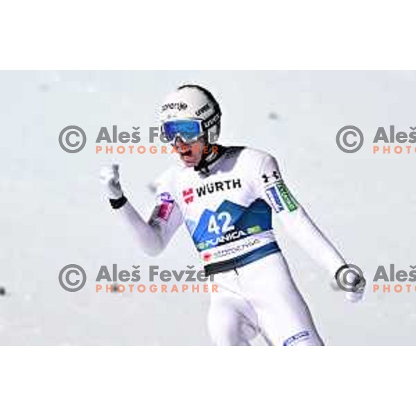 Timi Zajc, New World Champion celebrates victory at Ski jumping Men Large Hill at Planica 2023 World Nordic Championships, Slovenia on March 3, 2023