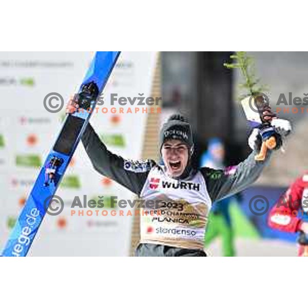 Timi Zajc, New World Champion celebrates victory at Ski jumping Men Large Hill at Planica 2023 World Nordic Championships, Slovenia on March 3, 2023 