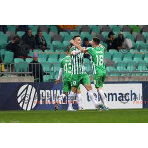 Mario Kvesic celebrates goal during Prva Liga Telemach 2022-2023 football match between Olimpija and Kalcer Radomlje in SRC Stozice, Ljubljana, Slovenia on March 4, 2023