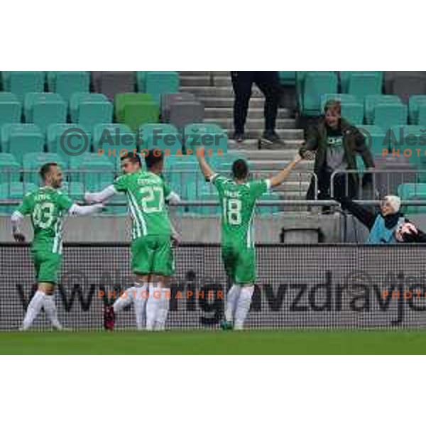 Mario Kvesic celebrates goal during Prva Liga Telemach 2022-2023 football match between Olimpija and Kalcer Radomlje in SRC Stozice, Ljubljana, Slovenia on March 4, 2023