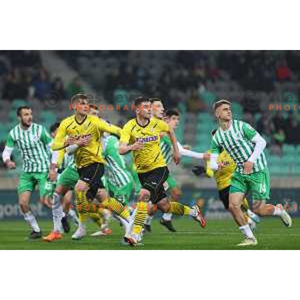 Anel Zulic and Marcel Ratnik in action during Prva Liga Telemach 2022-2023 football match between Olimpija and Kalcer Radomlje in SRC Stozice, Ljubljana, Slovenia on March 4, 2023