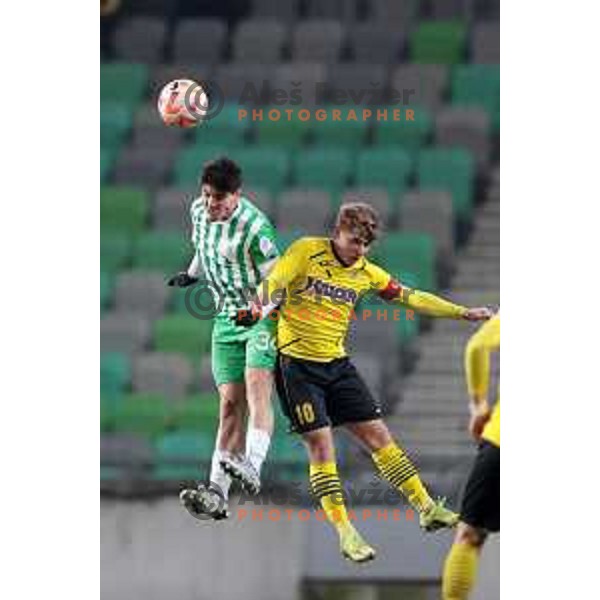 Agustin Doffo and Luka Cerar in action during Prva Liga Telemach 2022-2023 football match between Olimpija and Kalcer Radomlje in SRC Stozice, Ljubljana, Slovenia on March 4, 2023