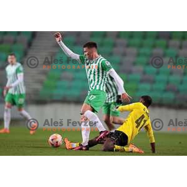 Admir Bristric and Darly Lufuilu in action during Prva Liga Telemach 2022-2023 football match between Olimpija and Kalcer Radomlje in SRC Stozice, Ljubljana, Slovenia on March 4, 2023