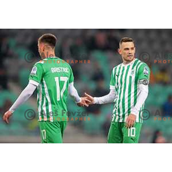 Admir Bristric and Timi Max Elsnik in action during Prva Liga Telemach 2022-2023 football match between Olimpija and Kalcer Radomlje in SRC Stozice, Ljubljana, Slovenia on March 4, 2023