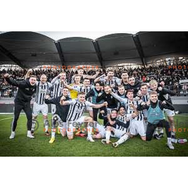 Players of Mura celebrating after winning Prva liga Telemach football match between Mura and Maribor in Fazanerija, Murska Sobota, Slovenia on March 5, 2023. Photo: Jure Banfi
