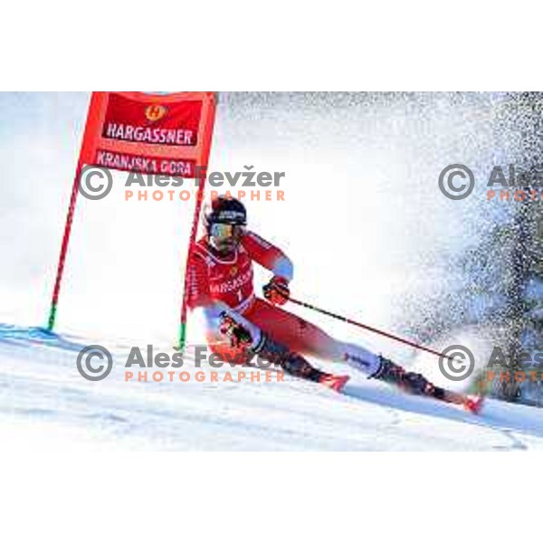 Loic Meillard (SUI) skies in first run of AUDI FIS Ski World Cup Giant Slalom for 62.Vitranc Cup, Kranjska Gora, Slovenia on March 11, 2023