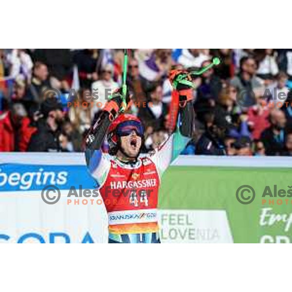 Stefan Hadalin (SLO) in the finish of second run of AUDI FIS Ski World Cup Giant Slalom for 62.Vitranc Cup, Kranjska Gora, Slovenia on March 11, 2023