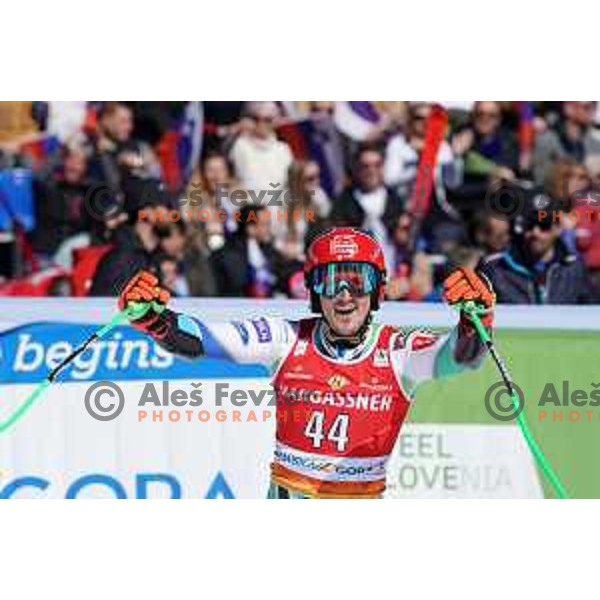 Stefan Hadalin (SLO) in the finish of second run of AUDI FIS Ski World Cup Giant Slalom for 62.Vitranc Cup, Kranjska Gora, Slovenia on March 11, 2023