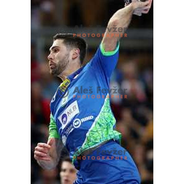 Blaz Janc in action during Men\'s Euro 2024 Qualifiers handball match between Slovenia and Montenegro in Koper, Slovenia on March 12, 2023