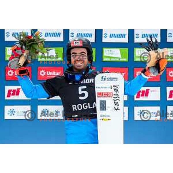 Coratti, third placed of FIS Snowboard World Cup Parallel Giant Slalom at Rogla Ski resort, Slovenia on March 15, 2023