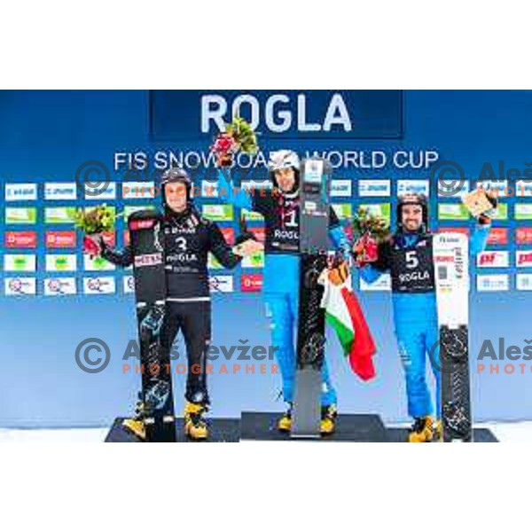 Mirko Felicetti, Roland Fischnaller, winner of FIS Snowboard World Cup Parallel Giant Slalom and Coratti at Rogla Ski resort, Slovenia on March 15, 2023
