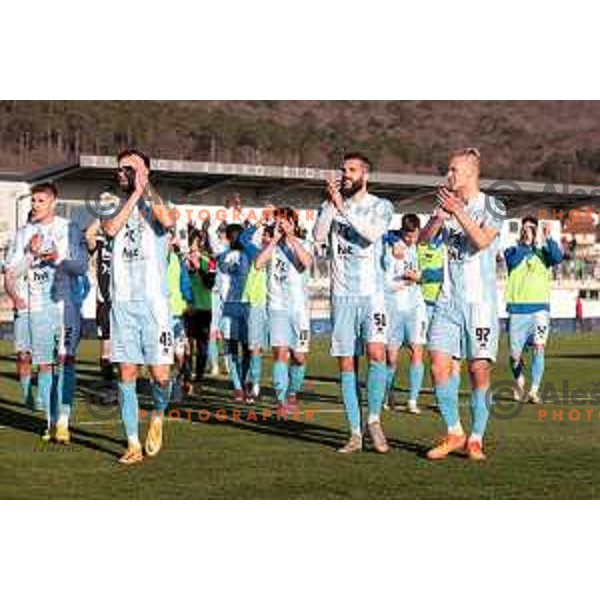 Darko Hrka, Nejc Mevlja, Tino Agic and players of Gorica celebrate victory at Prva Liga Telemach 2022-2023 football match between Tabor Sezana and Gorica in Sezana on March 16, 2023 