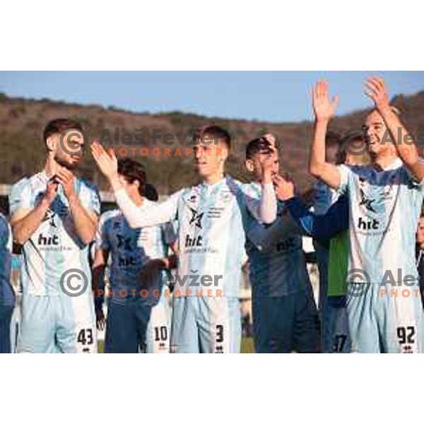 Darko Hrka, Nejc Mevlja, Tino Agic and players of Gorica celebrate victory at Prva Liga Telemach 2022-2023 football match between Tabor Sezana and Gorica in Sezana on March 16, 2023 