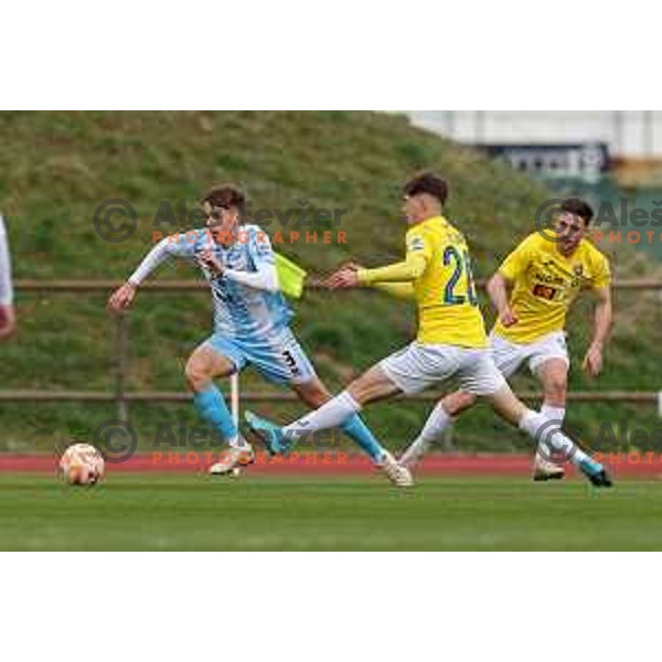 Filip Brekalo and Beno Selan in action during Prva Liga Telemach 2022-2023 football match between Bravo and Gorica in Ljubljana, Slovenia on March 19, 2023