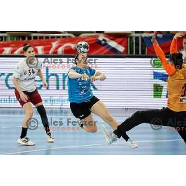 Tjasa Stanko in action during EHF Champions league Women 2022-2023 handball match between Krim Mercator (SLO) and Rapid Bucuresti (ROU) in Ljubljana, Slovenia on March 19,2023 