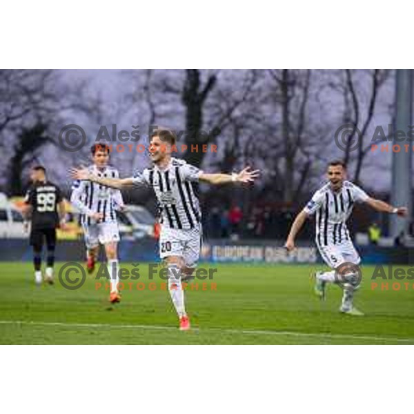 Niko Kasalo of Mura scores and celebrates goal during Prva Liga Telemach 2022-2023 football match between Mura and Olimpija in Murska Sobota on March 19, 2023