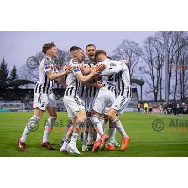 Kai Cipot, Mirlind Daku and players of Mura celebrate goal during Prva Liga Telemach 2022-2023 football match between Mura and Olimpija in Murska Sobota on March 19, 2023