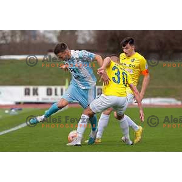 Zvonimir Petrovic and Almin Kurtovic in action during Prva Liga Telemach 2022-2023 football match between Bravo and Gorica in Ljubljana, Slovenia on March 19, 2023