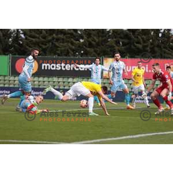 Tino Agic, Mark Spanring and Matevz Dajcman in action during Prva Liga Telemach 2022-2023 football match between Bravo and Gorica in Ljubljana, Slovenia on March 19, 2023