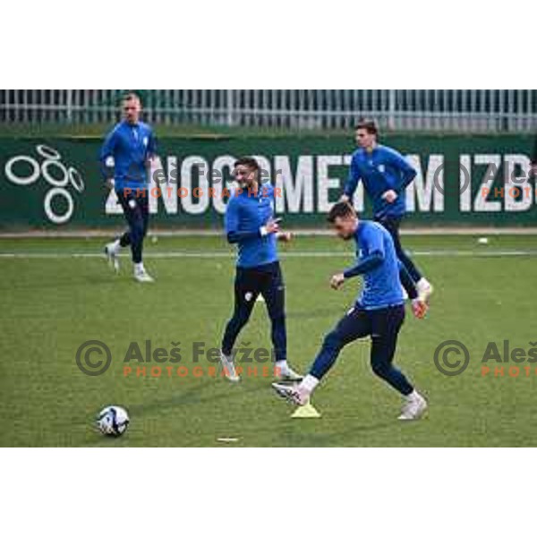 Petar Stojanovic and Domen Crnigoj at practice session of Slovenia National Football team in Kranj on March 20, 2023