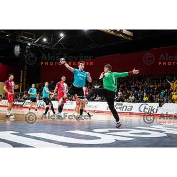 Peter Sisko in action during EHF European Cup handball match between Gorenje Velenje and Vojvodina in Red Hall, Velenje, Slovenia on March 25, 2023