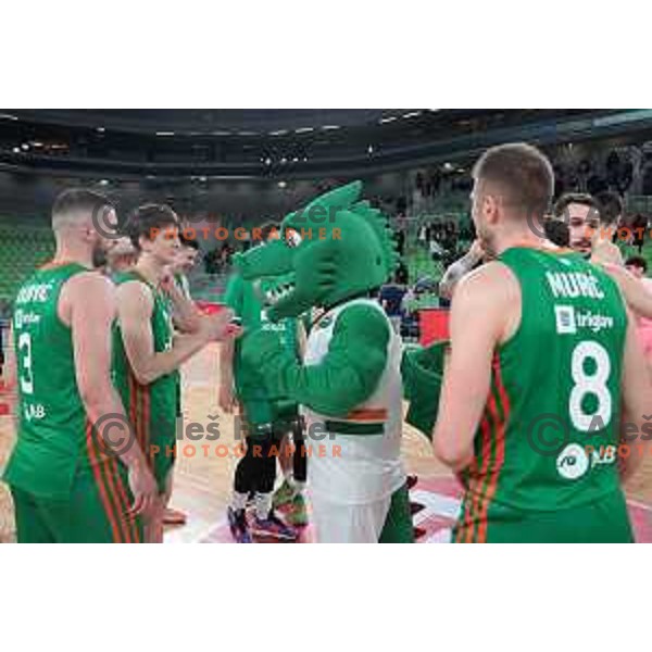 Lovro Gnjidic, Rok Radovic and Dragon Oli celebrate victory at ABA league 2022-2033 regular season match between Cedevita Olimpija and Mega Mis in Ljubljana, Slovenia on April 15, 2023