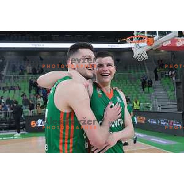Karlo Matkovic and Amar Alibegovic celebrate victory at ABA league 2022-2033 regular season match between Cedevita Olimpija and Mega Mis in Ljubljana, Slovenia on April 15, 2023