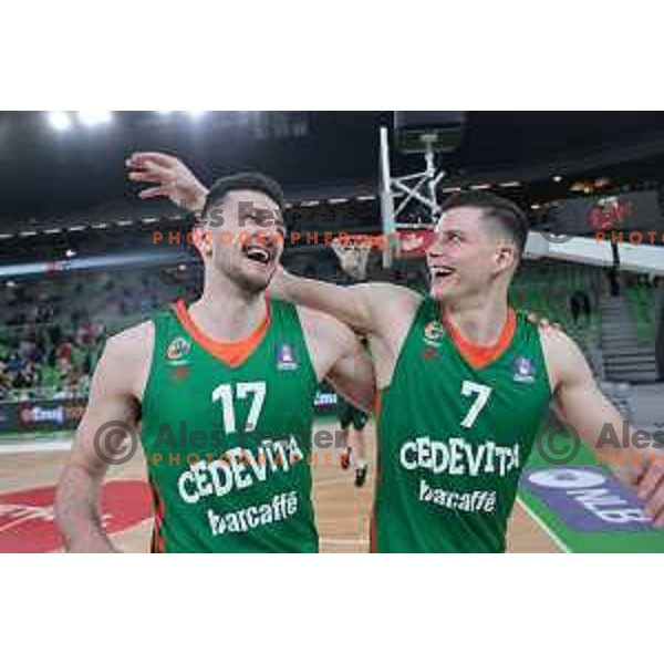 Karlo Matkovic and Amar Alibegovic celebrate victory at ABA league 2022-2033 regular season match between Cedevita Olimpija and Mega Mis in Ljubljana, Slovenia on April 15, 2023