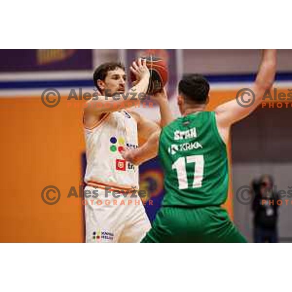 Tadej Ferme of Helios Suns and Jan Span of Krka during ABA League 2 2022-2023 final match between Helios Suns and Krka (SLO) in Domzale, Slovenia on April 16, 2023. Foto: Filip Barbalic