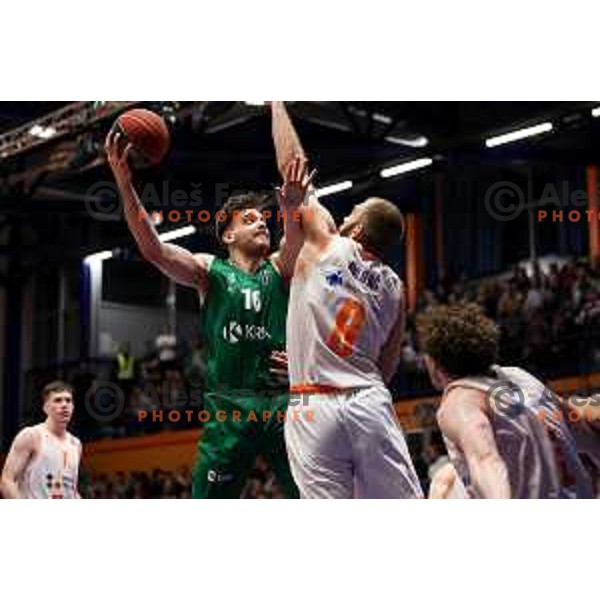 Mate Vucic of Krka and Lovro Buljevic of Helios Suns during ABA League 2 2022-2023 final match between Helios Suns and Krka (SLO) in Domzale, Slovenia on April 16, 2023. Foto: Filip Barbalic