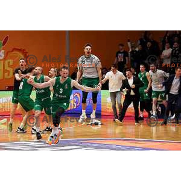 Miha Skedelj and players of Krka celebrate victory at ABA League 2 2022-2023 final match between Helios Suns and Krka (SLO) in Domzale, Slovenia on April 16, 2023
