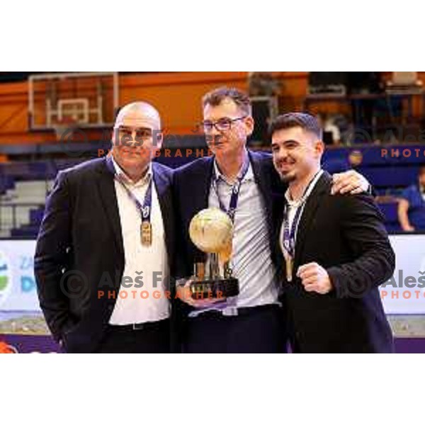 Coach Gasper Okorn of Krka celebrates after ABA League 2 2022-2023 final match between Helios Suns and Krka (SLO) in Domzale, Slovenia on April 16, 2023