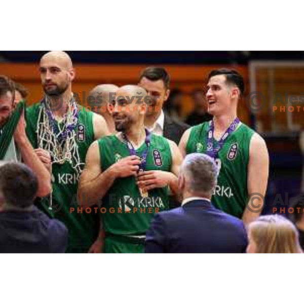 Radosav Spasojevic, Rok Stipcevic and Jan Span of Krka celebrating after ABA League 2 2022-2023 final match between Helios Suns and Krka (SLO) in Domzale, Slovenia on April 16, 2023. Foto: Filip Barbalic