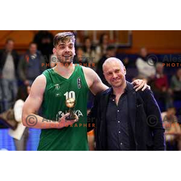 Mate Vucic of Krka celebrating after ABA League 2 2022-2023 final match between Helios Suns and Krka (SLO) in Domzale, Slovenia on April 16, 2023. Foto: Filip Barbalic