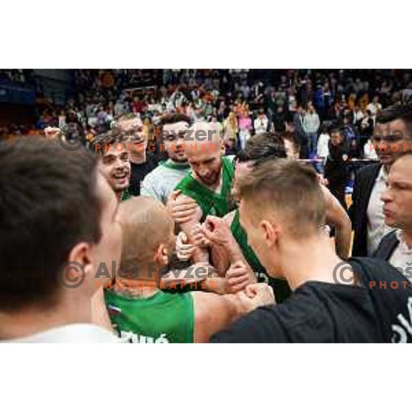 Players of Krka celebrating after ABA League 2 2022-2023 final match between Helios Suns and Krka (SLO) in Domzale, Slovenia on April 16, 2023. Foto: Filip Barbalic