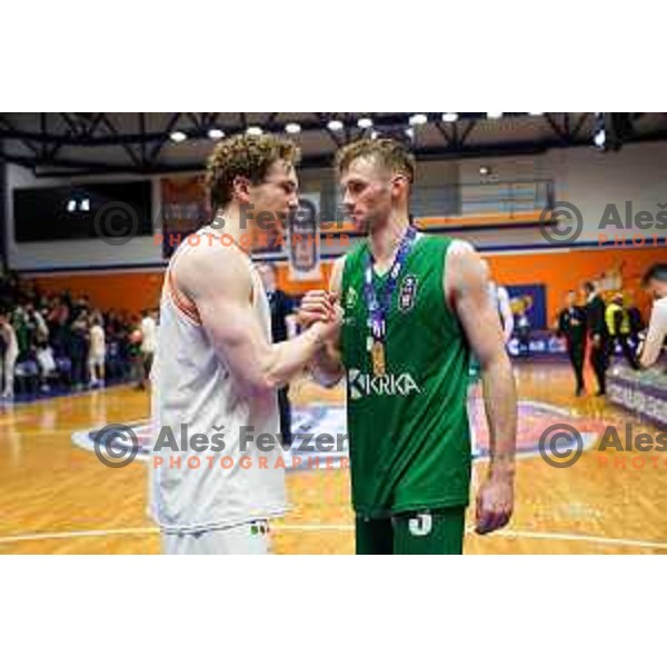 Austin Luke of Helios Suns and Leon Stergar of Krka after ABA League 2 2022-2023 final match between Helios Suns and Krka (SLO) in Domzale, Slovenia on April 16, 2023. Foto: Filip Barbalic