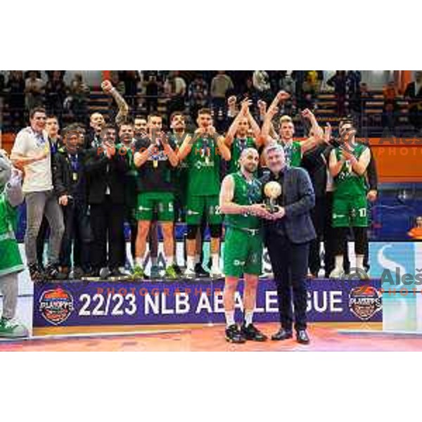 Rok Stipcevic and players of Krka celebrate victory at ABA League 2 2022-2023 final match between Helios Suns and Krka (SLO) in Domzale, Slovenia on April 16, 2023