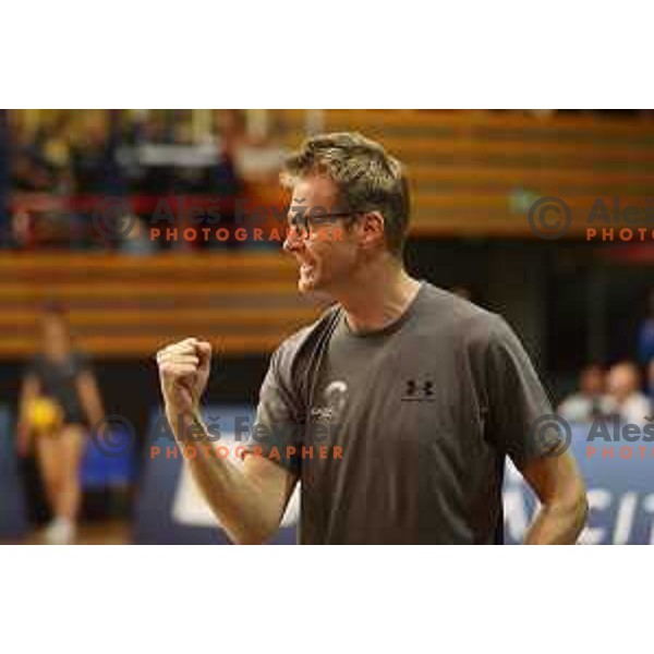 Head coach Gasper Ribic in action during The Final of Sportklub league volleyball match between Calcit and Gen I Volley in Kamnik, Slovenia on April 20, 2023