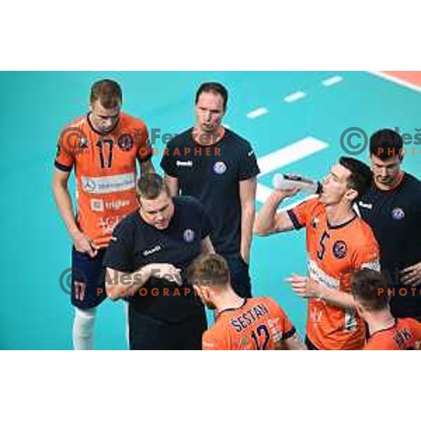 in action during The Final of Sportklub league volleyball match between ACH Volley and Calcit in Ljubljana, Slovenia on April 21, 2023