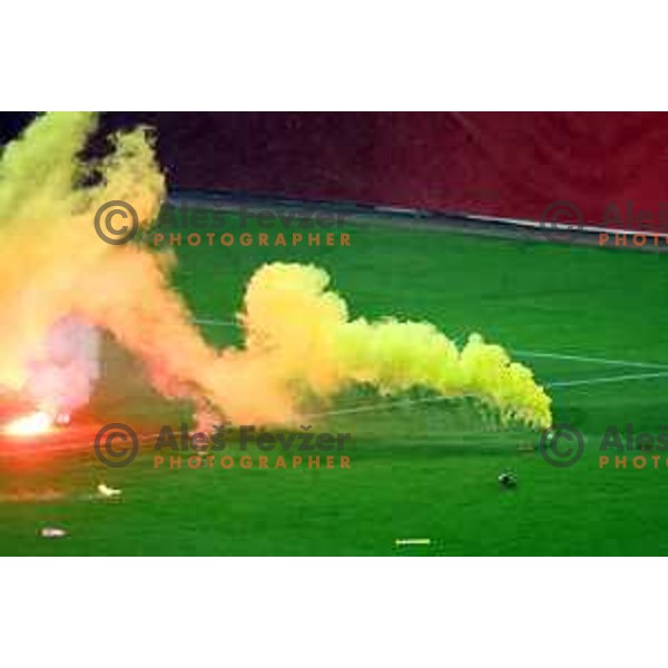 Burning stands at Pivovarna Union Slovenian Cup match between Olimpija and Maribor in Celje on May 6, 2023