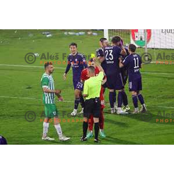 Referee Bojan Mertik and Matevz Vidovsek during Pivovarna Union Slovenian Cup match between Olimpija and Maribor in Celje on May 6, 2023