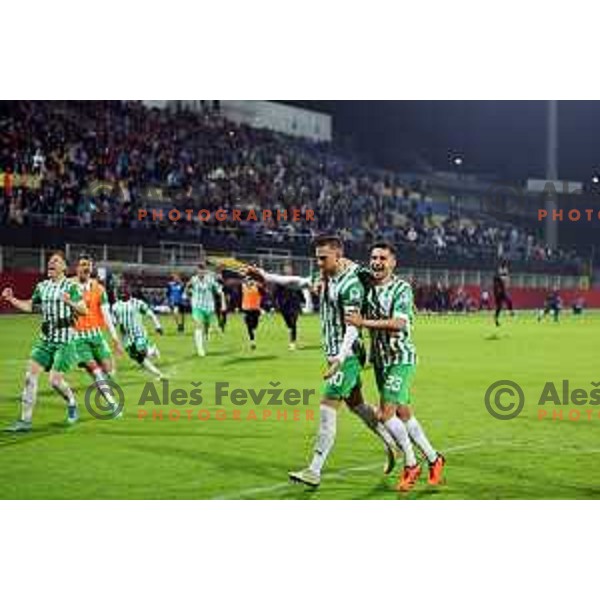 Timi Max Elsnik and fans of Olimpija celebrate victory at Pivovarna Union Slovenian Cup match between Olimpija and Maribor in Celje on May 6, 2023